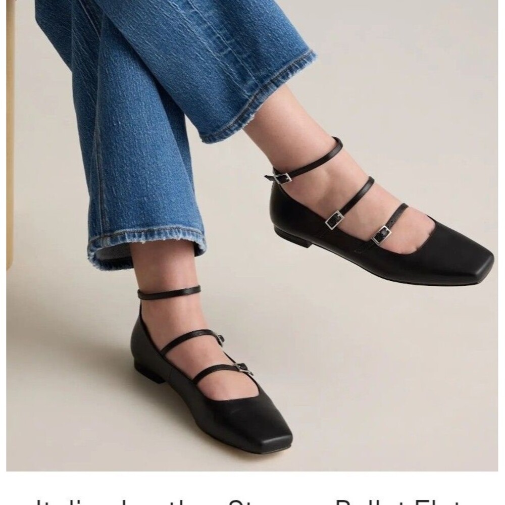 Quince Italian Leather Strappy Ballet Flats In Black Womens Size 8